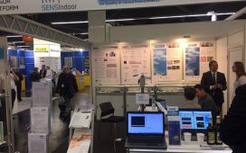 The joint booth at the Sensor+Test 2016. Two experimental demonstrations, the discrimination of alcoholic and non-alcoholic beer and the in-field calibration of sensors illustrated the principle of the sensors and showed their high usability.